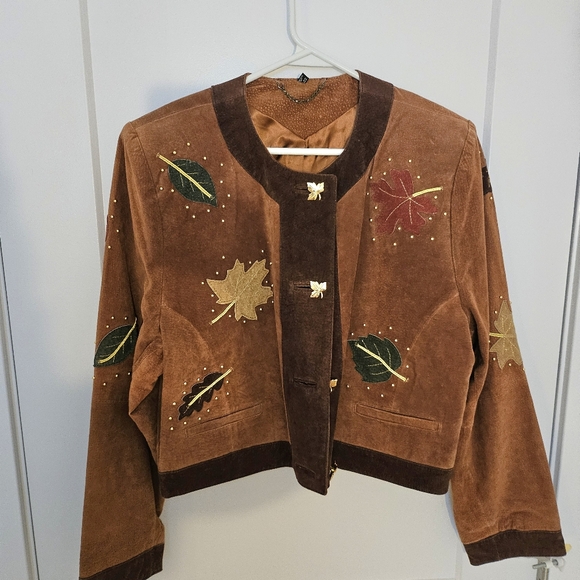 Yessica Jackets & Blazers - Vintage Suede Leather Short Blazer Jacket Maple Leaf Fall Autumn Embroidered